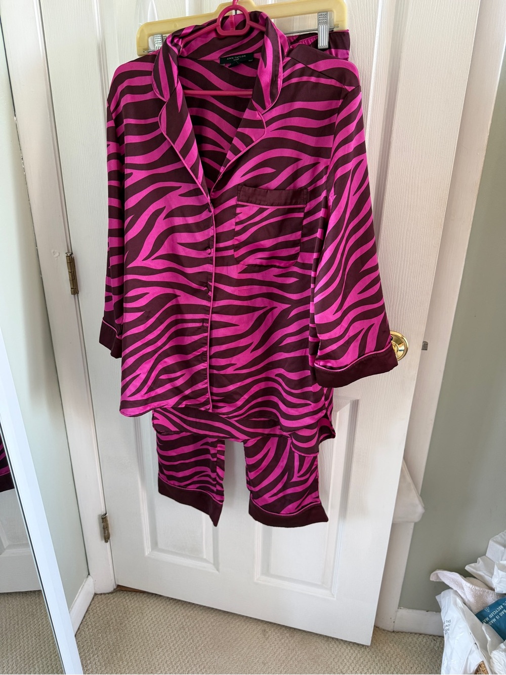 Ann Taylor Sleep Pink and Brown Zebra-Stripe Satin Top and bottoms